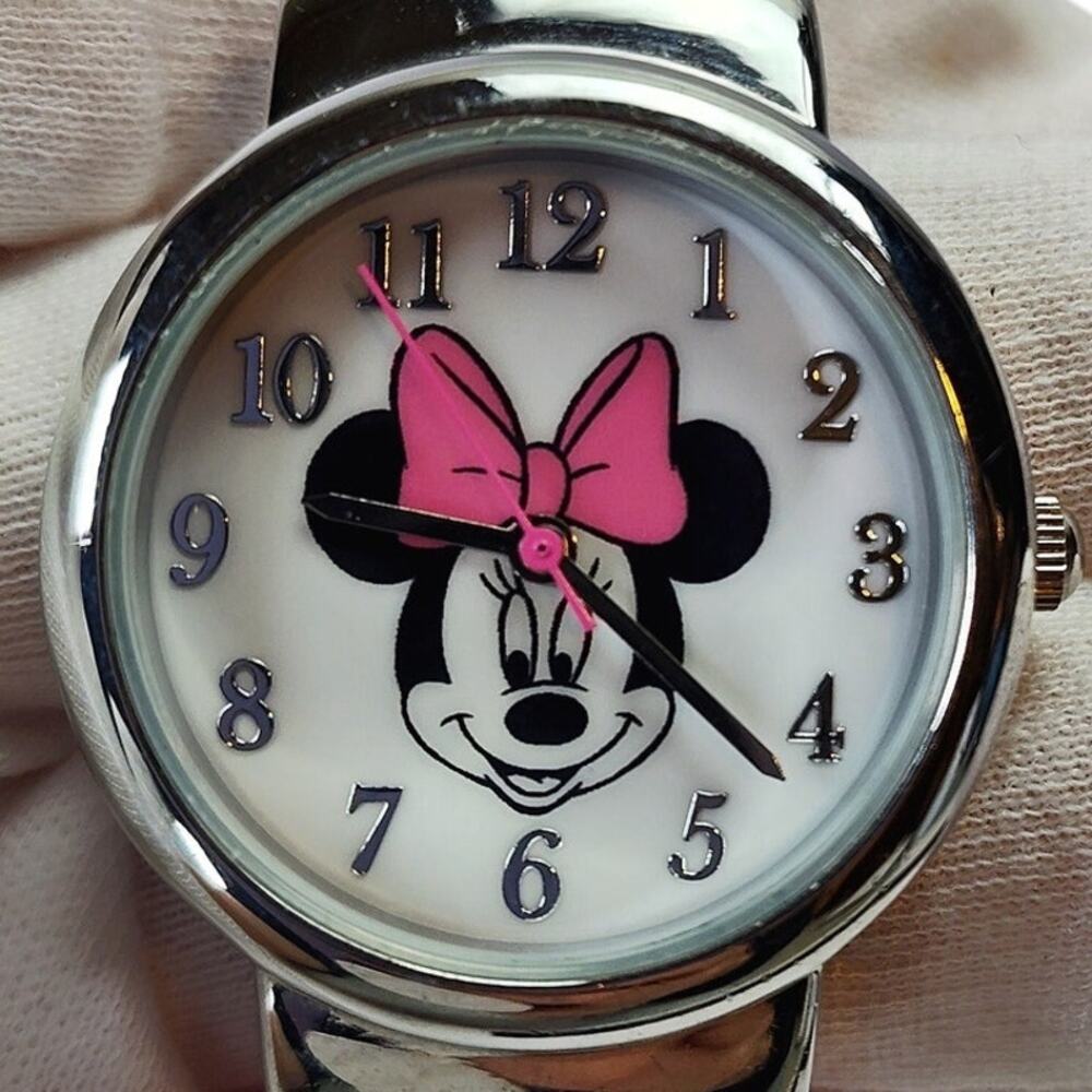 Disney Minnie Mouse Pink Bangle Bracelet Watch Silver Tone